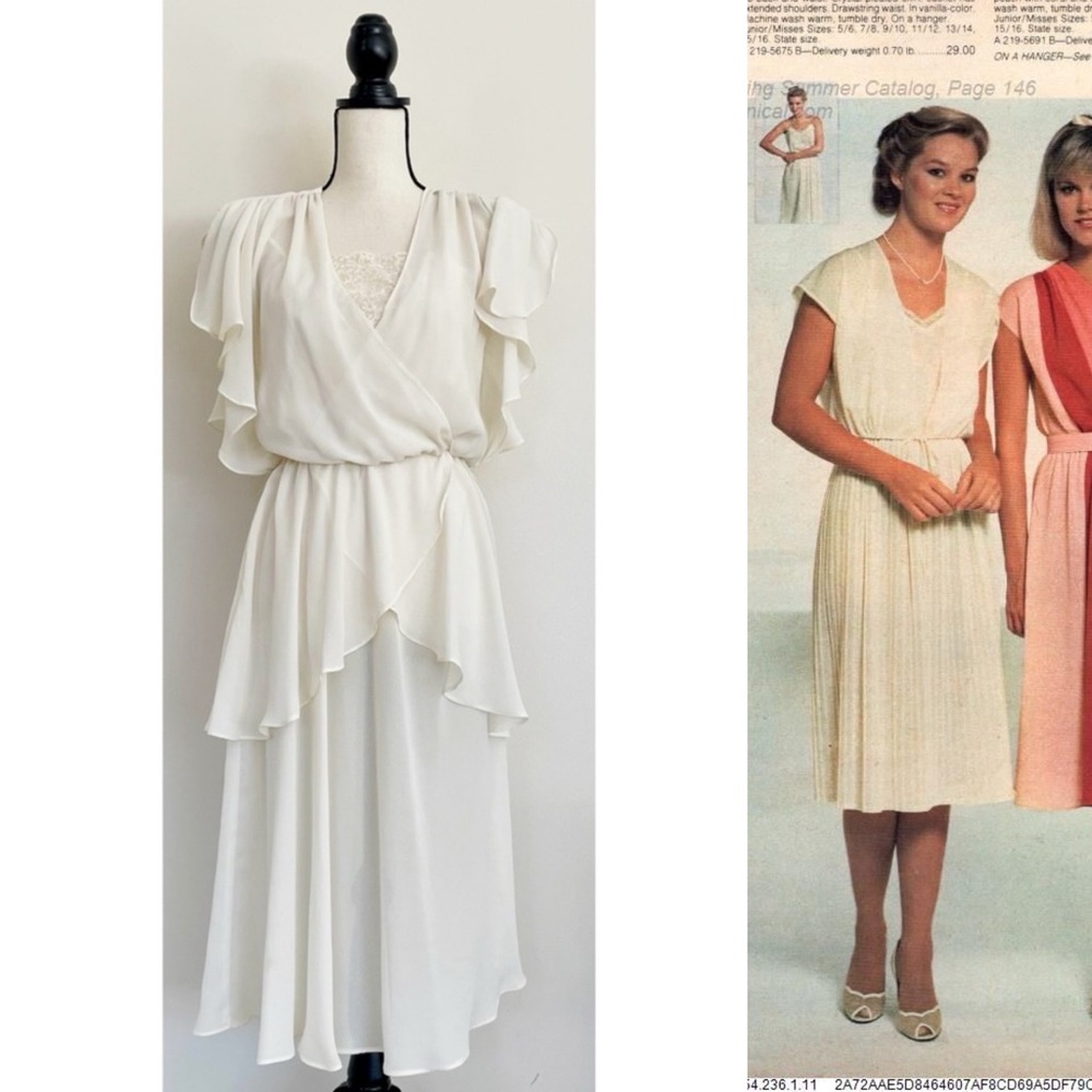 Vintage 80s Flutter Faux Wrap White Dress